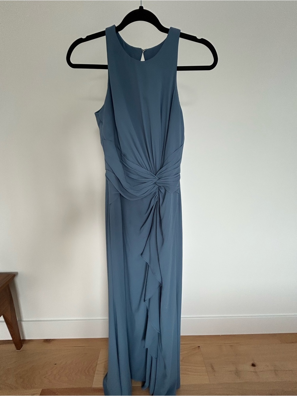 David's Bridal Slate Blue Twist-Front Maxi Dress